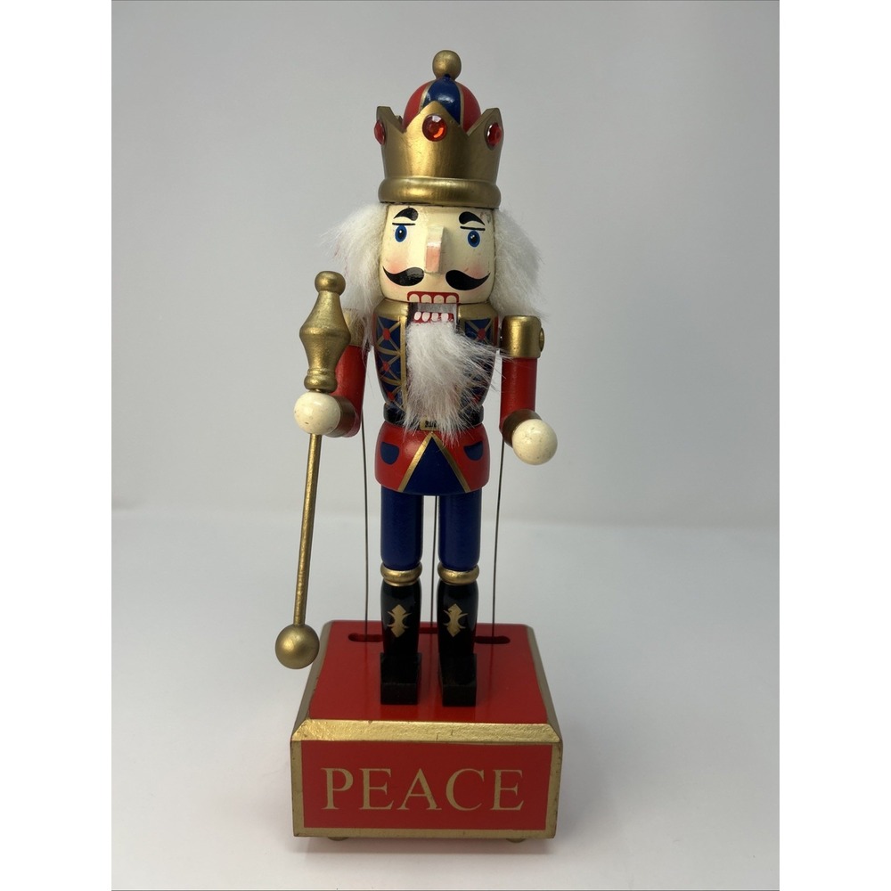 Vintage 12" Wooden Nutcracker Music Box Peace King with Scepter Christmas Works